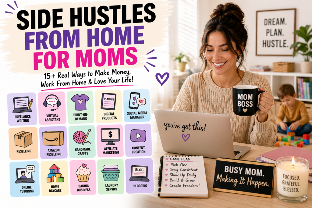 side hustles from home for moms showing a mom working on a laptop while managing kids at home highlighting flexible online jobs freelancing reselling digital products and other work from home income ideas for moms