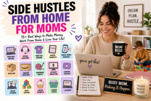 side hustles from home for moms showing a mom working on a laptop while managing kids at home highlighting flexible online jobs freelancing reselling digital products and other work from home income ideas for moms