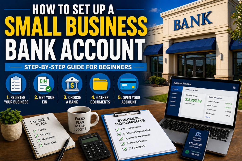 Current image: how to set up a small business bank account step by step with EIN documents and bank selection process