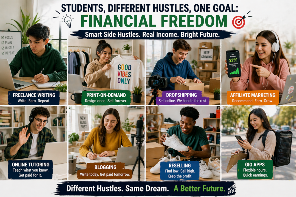 best online side hustles for students earning money online with laptop including blogging affiliate marketing and print on demand