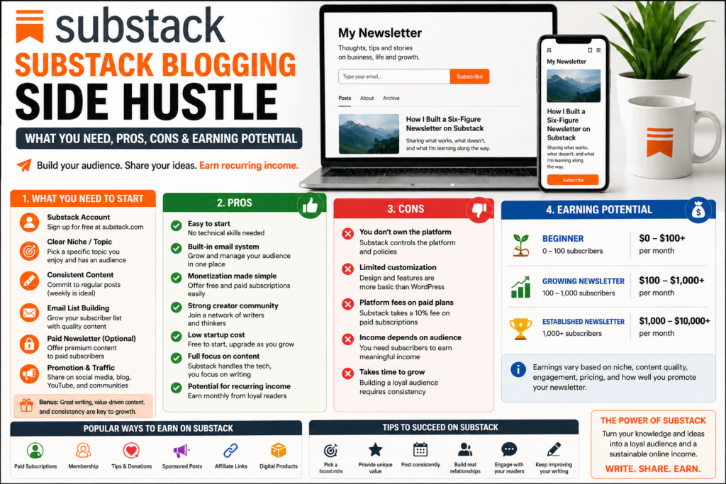 Substack blogging side hustle guide showing what you need pros cons and earning potential for building a newsletter and making money online