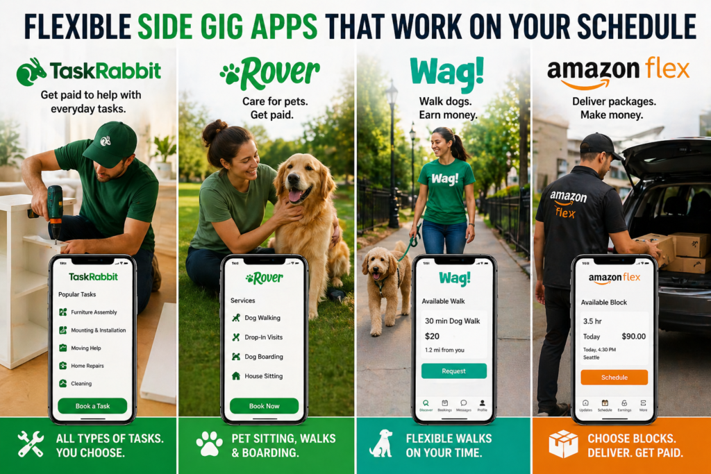 Taskrabbit Rover Wag and Amazon Flex apps showing flexible side gig jobs like pet sitting dog walking delivery and local tasks