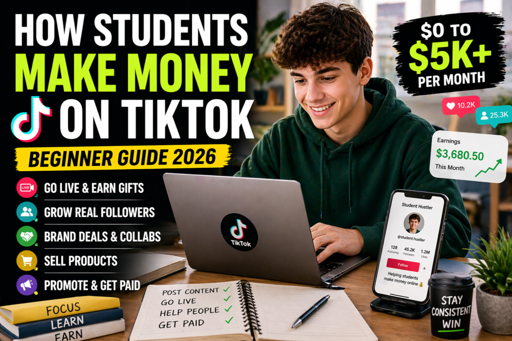 how students make money on TikTok using laptop and phone live streaming gifts brand deals and selling products online