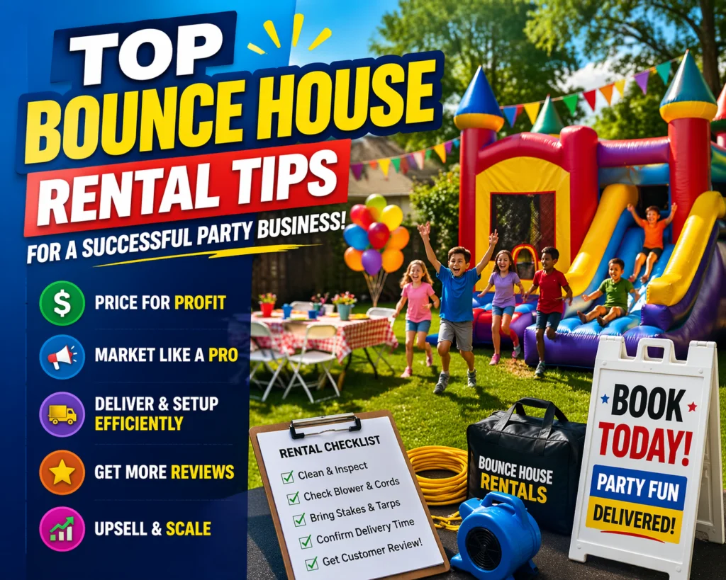Current image: colorful bounce house rental setup with kids playing at party showing profitable inflatable rental business