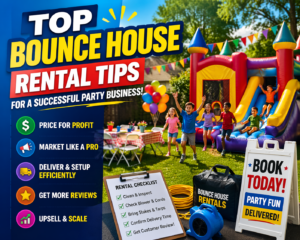 colorful bounce house rental setup with kids playing at party showing profitable inflatable rental business