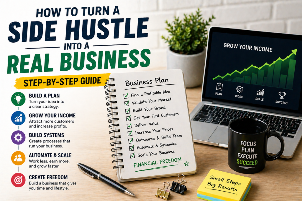 Side hustle business plan workspace showing steps to turn a side hustle into a real business with growth chart and checklist