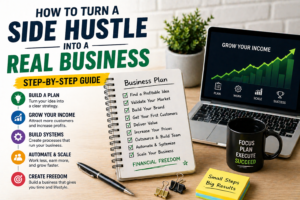 Blog | Hustle Setup Side hustle business plan workspace showing steps to turn a side hustle into a real business with growth chart and checklist