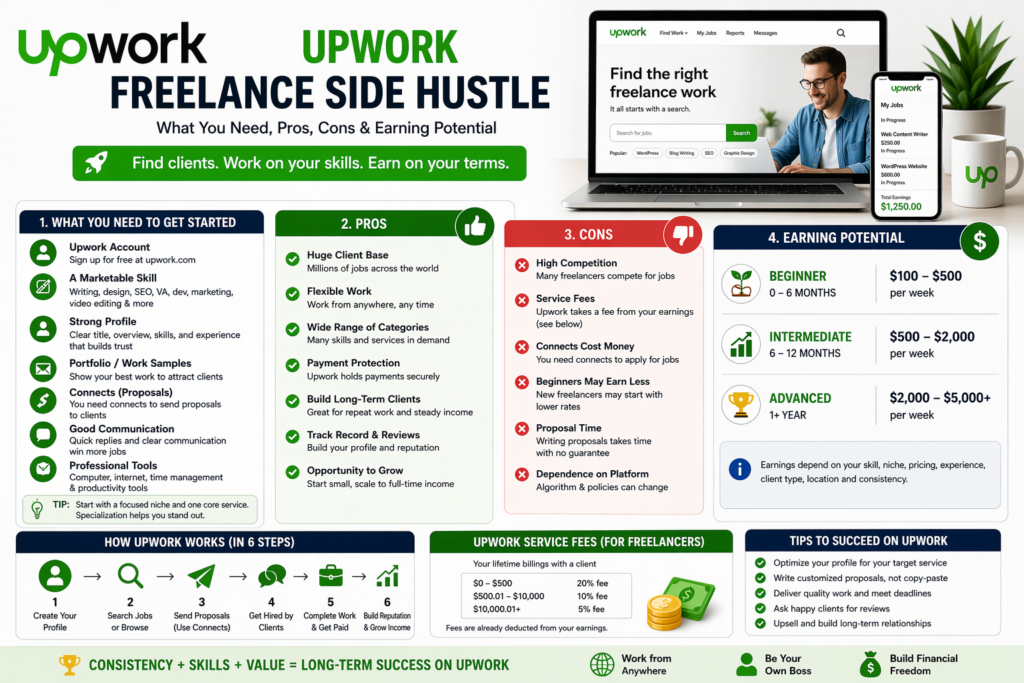 Upwork freelance side hustle guide showing what you need pros cons and earning potential for freelancing online and getting clients