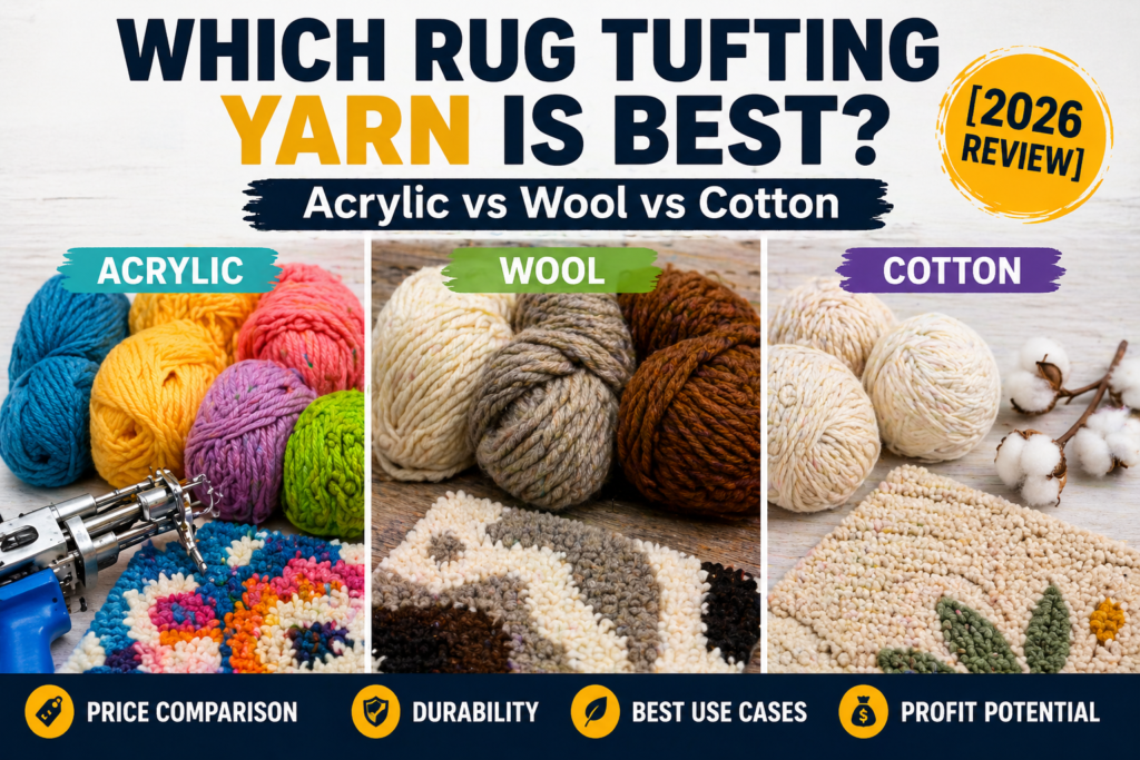 Comparison of acrylic, wool, and cotton yarn for rug tufting in 2026.
