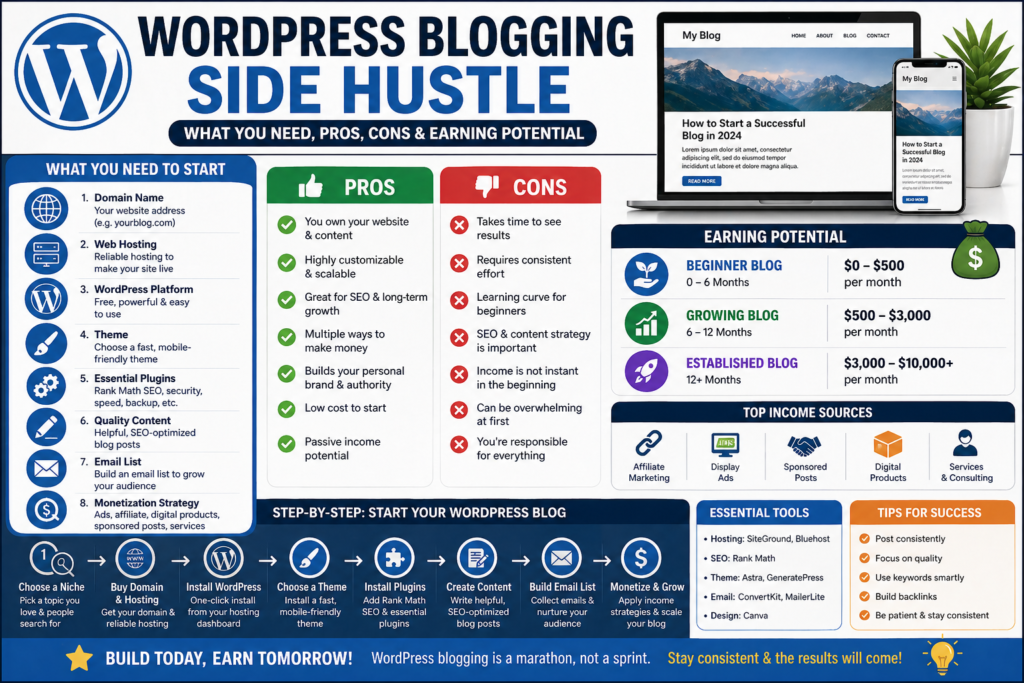 WordPress blogging side hustle guide showing what you need pros cons and earning potential for starting a blog and making money online