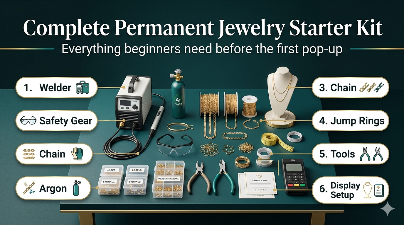 Complete permanent jewelry starter kit with small jewelry welder, safety setup, practice materials, inventory, display, and workflow supplies