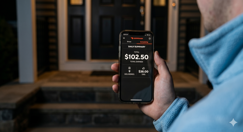 A smartphone screen showing a DoorDash driver's daily earnings of $102.50, illustrating the success of the dinner rush strategy.
