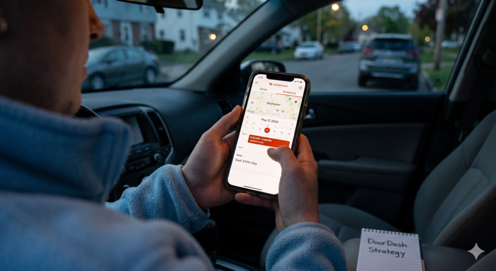 A person holding a smartphone displaying the DoorDash driver app map, showing active delivery zones and hotspots.
