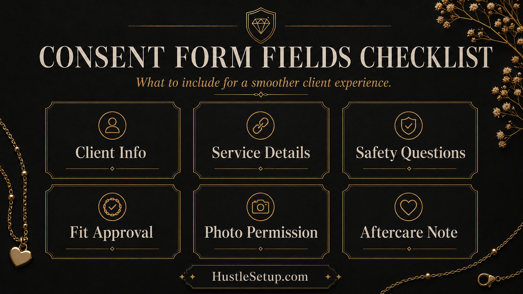 Permanent Jewelry Consent Form Template: Waiver, Safety & Aftercare | Hustle Setup Permanent jewelry consent form template with checklist and bracelet illustration