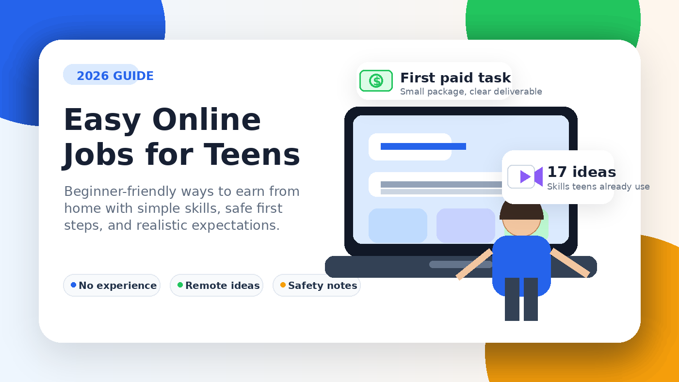 Illustration of a teen using a laptop to explore beginner-friendly online jobs in 2026