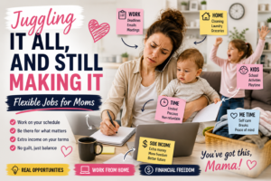 The best flexible jobs for moms in 2026 showing a woman working from home on a laptop