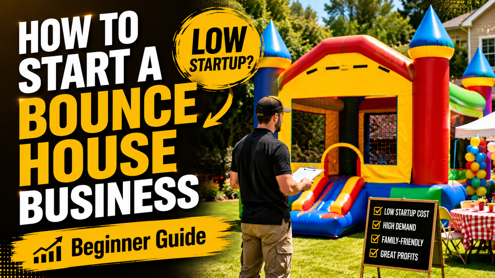 Bounce house rental setup with checklist, blower, safety cones, and booking calendar for a beginner business