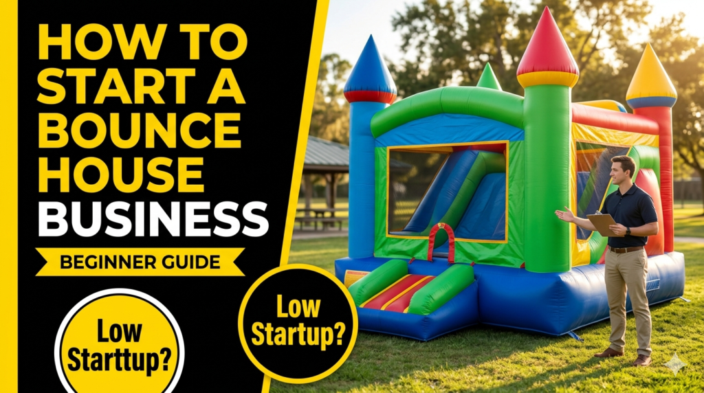 How to Start a Bounce House Business in 2026 | Cost & Profit Guide | Hustle Setup Bounce house business owner standing near inflatable rental setup at an outdoor event