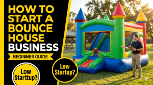 Bounce house business owner standing near inflatable rental setup at an outdoor event