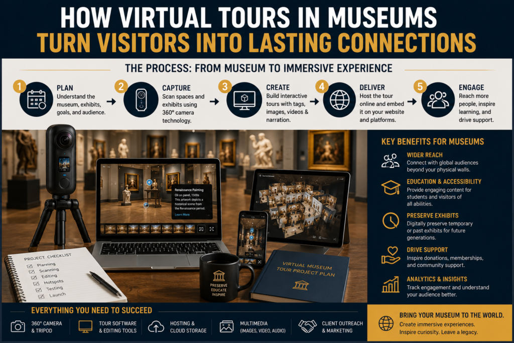 How virtual tours in museums work from planning and 360 camera scanning to online delivery and visitor engagement