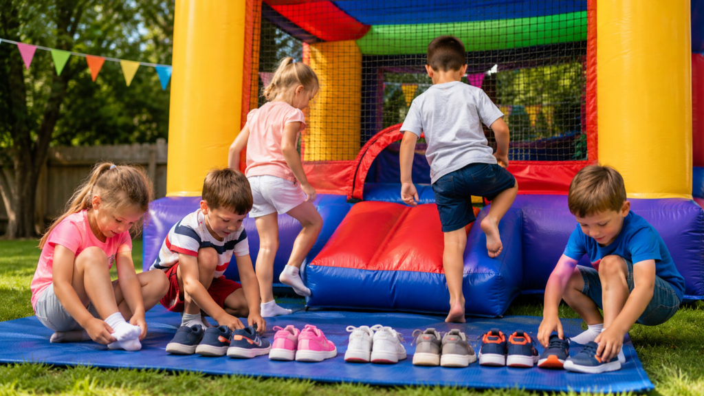 Kids removing shoes before following bounce house rules