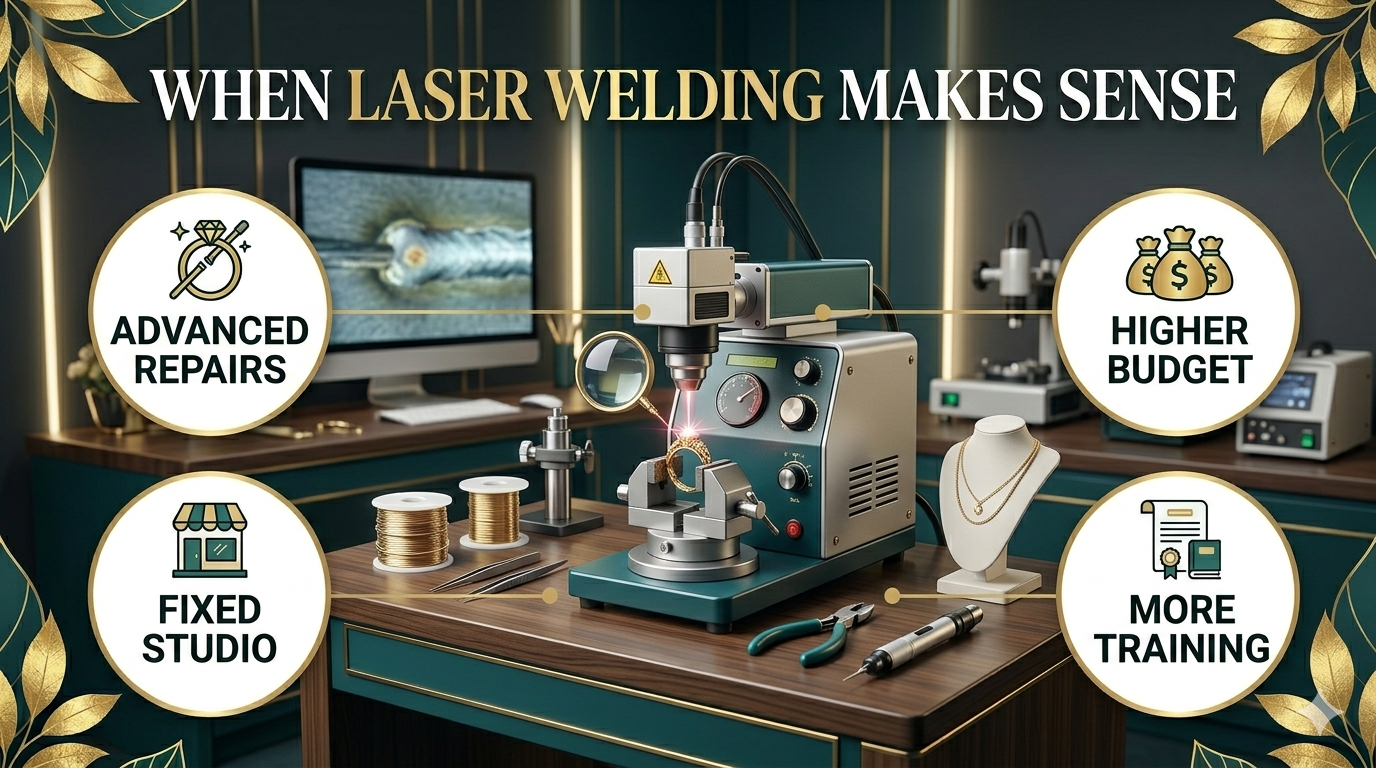 Laser welder studio upgrade for advanced permanent jewelry and jewelry repair with higher budget training and workspace requirements