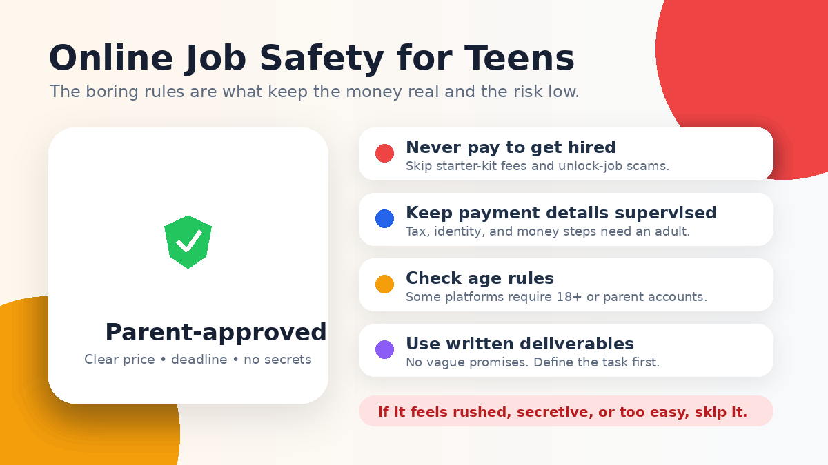 Online job safety checklist for teens showing parent approval, no upfront fees, age rules, and clear written deliverables
