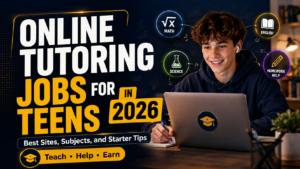 Online tutoring jobs for teens in 2026 with student laptop setup, books, math, English, and remote tutoring icons
