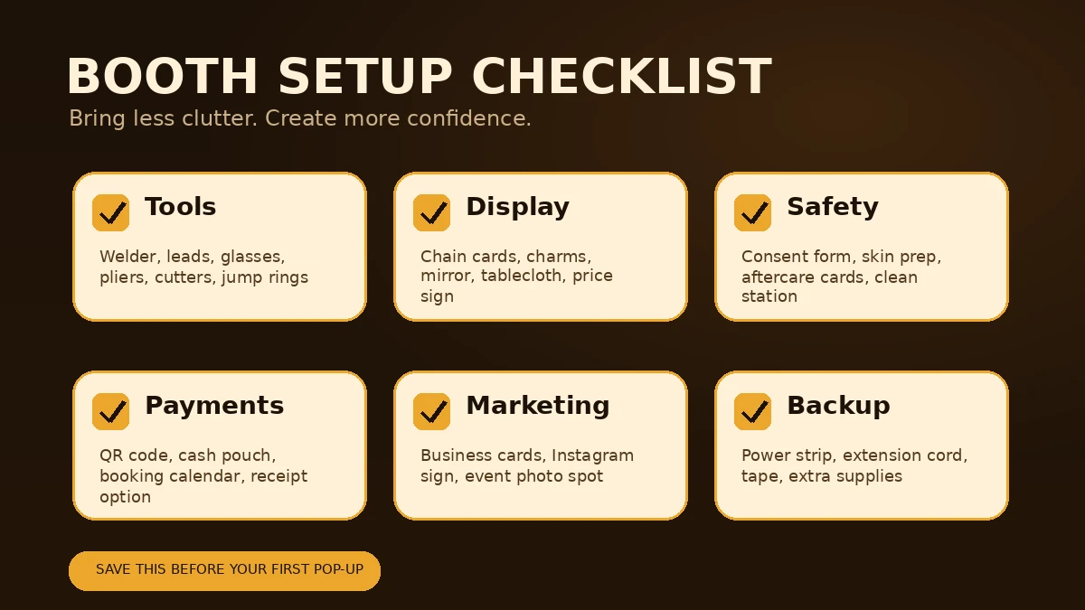Permanent Jewelry Booth Setup Checklist: Pop-Up Table Layout, Tools & Booking Tips | Hustle Setup Permanent jewelry booth setup checklist showing tools, display, safety, payments, marketing, and backup supplies