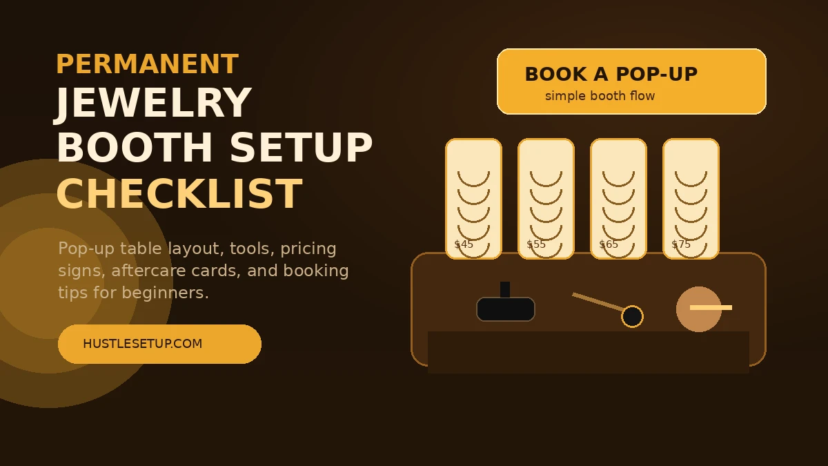 Permanent Jewelry Booth Setup Checklist: Pop-Up Table Layout, Tools & Booking Tips | Hustle Setup Permanent jewelry booth setup checklist with chain display, tools, and booking sign
