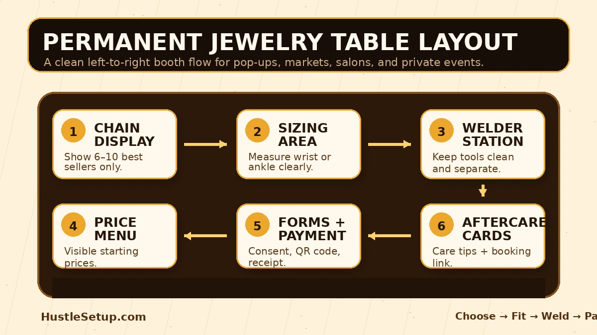 Permanent Jewelry Booth Setup Checklist: Pop-Up Table Layout, Tools & Booking Tips | Hustle Setup Top-down permanent jewelry booth table layout showing chain display, welder station, price menu, consent forms, and aftercare cards
