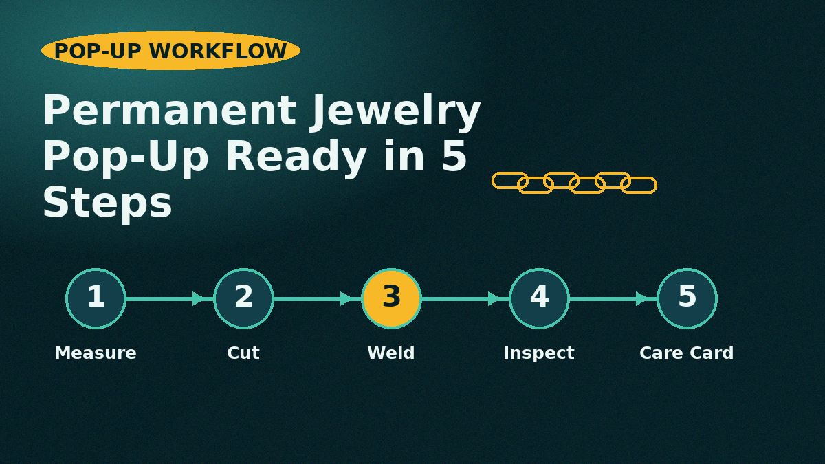 Permanent jewelry pop-up supplies workflow with measure, cut, weld, inspect, and care card steps