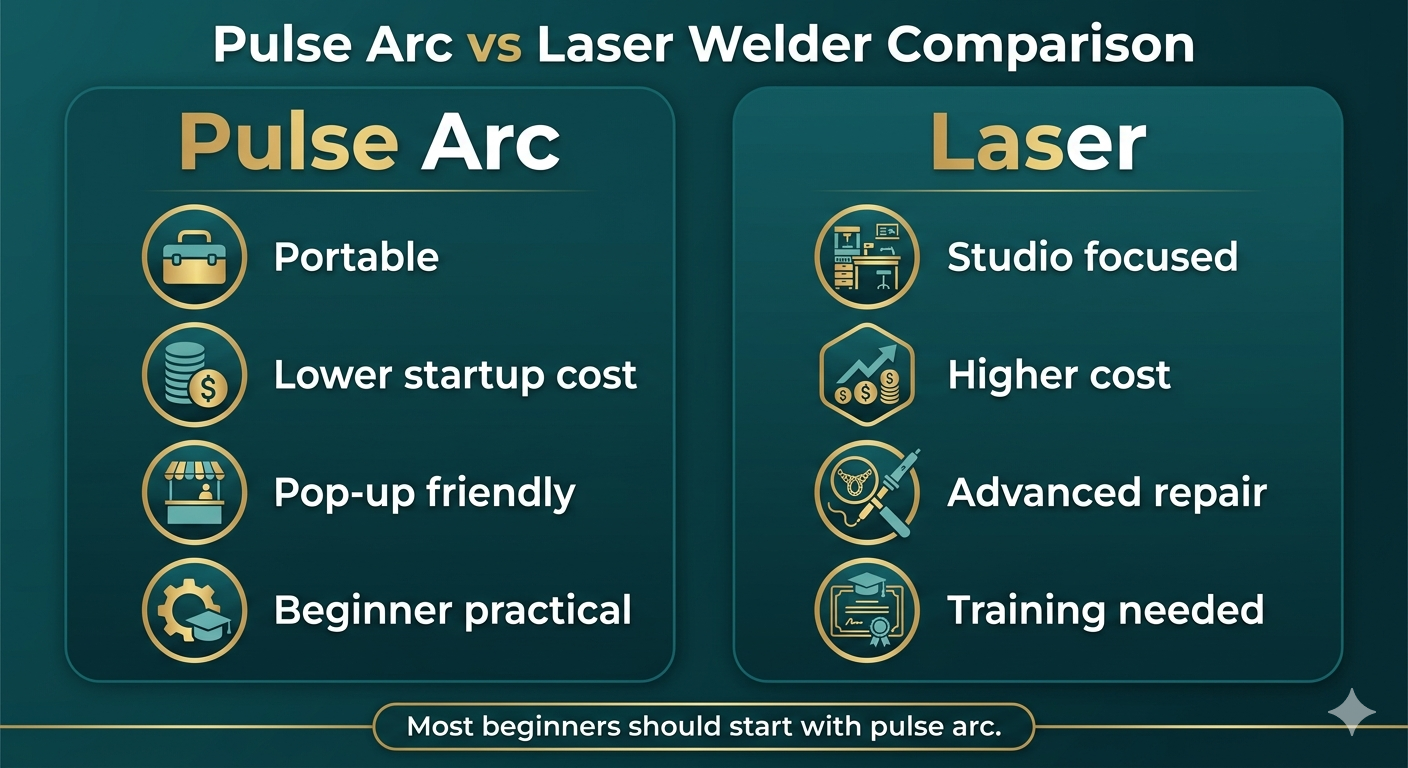 Pulse arc vs laser welder comparison chart for permanent jewelry beginners