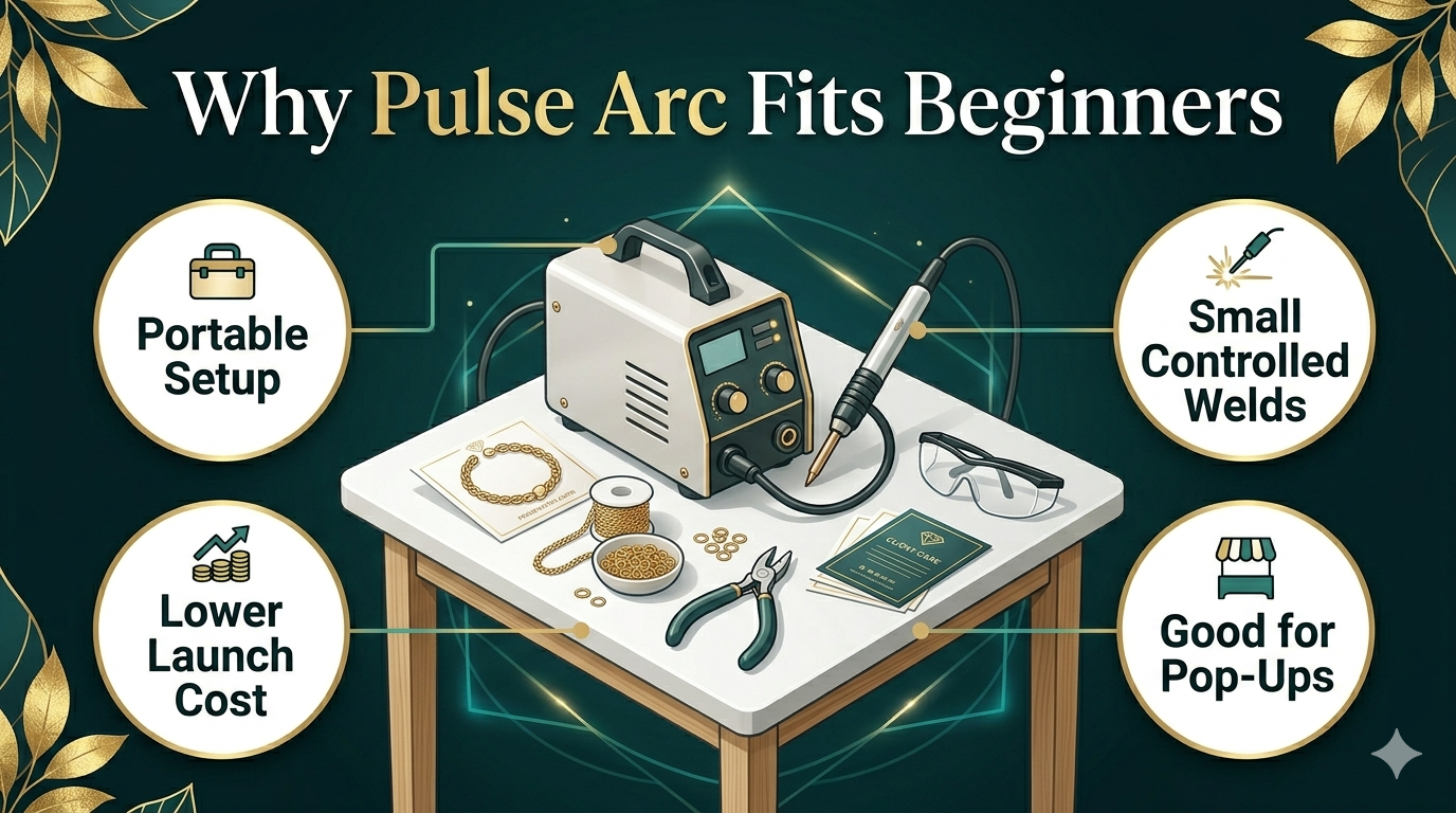 Pulse arc welder benefits for mobile permanent jewelry including portability lower startup cost small welds and event-friendly setup