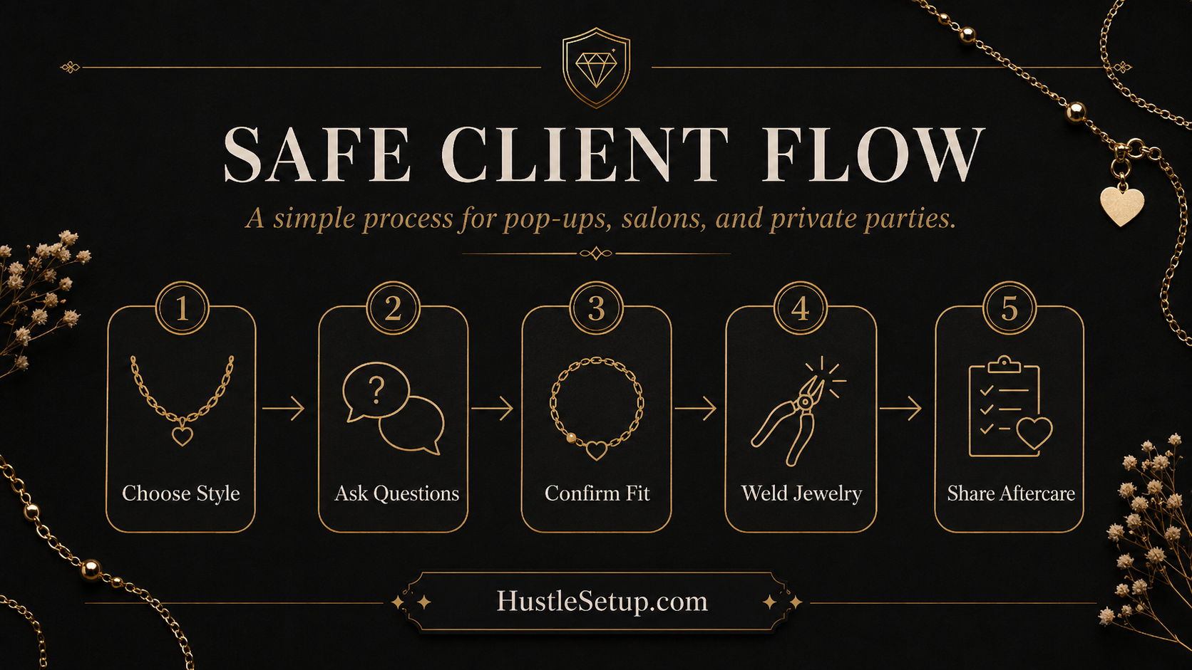Permanent Jewelry Consent Form Template: Waiver, Safety & Aftercare | Hustle Setup Permanent jewelry consent form fields checklist including client info, service details, safety questions, fit confirmation, photo permission, and aftercare