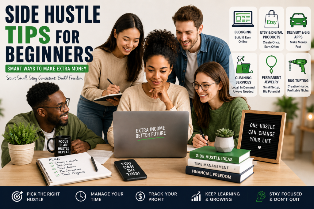 Side hustle tips for beginners showing online and local ways to make extra money