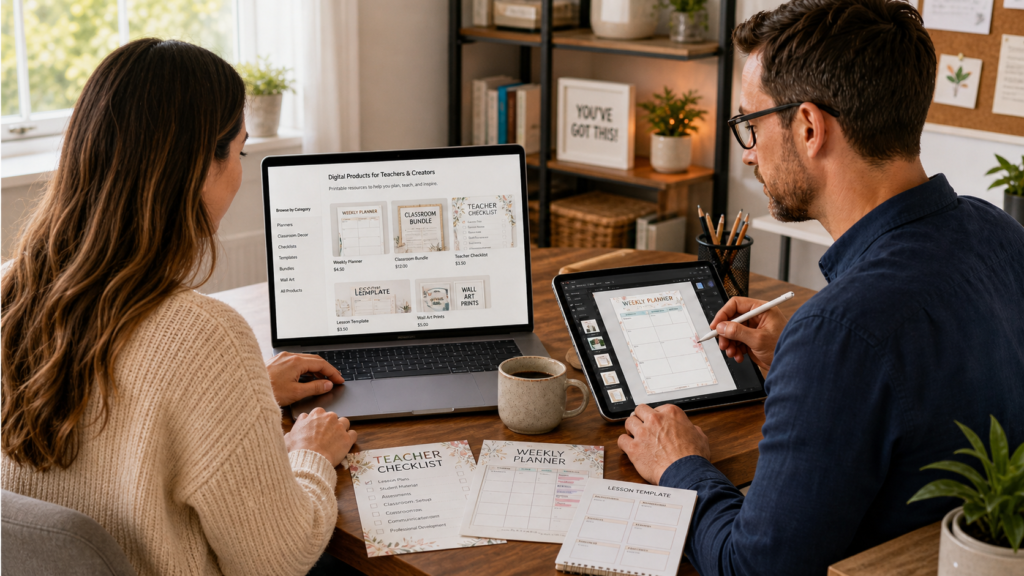 Teacher creating Etsy digital products and printable templates for summer income