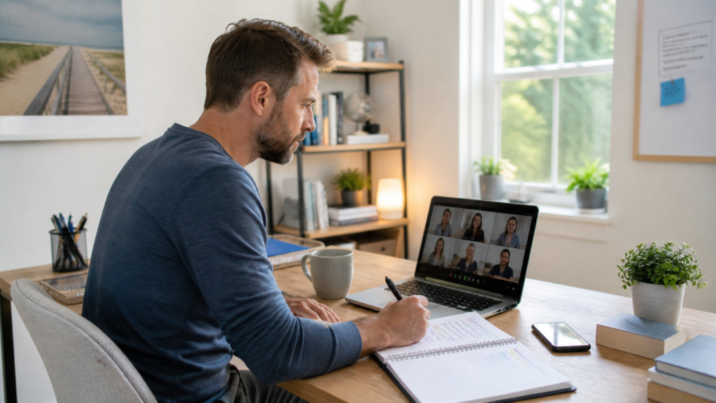 Teacher working from home on remote side hustles during summer break