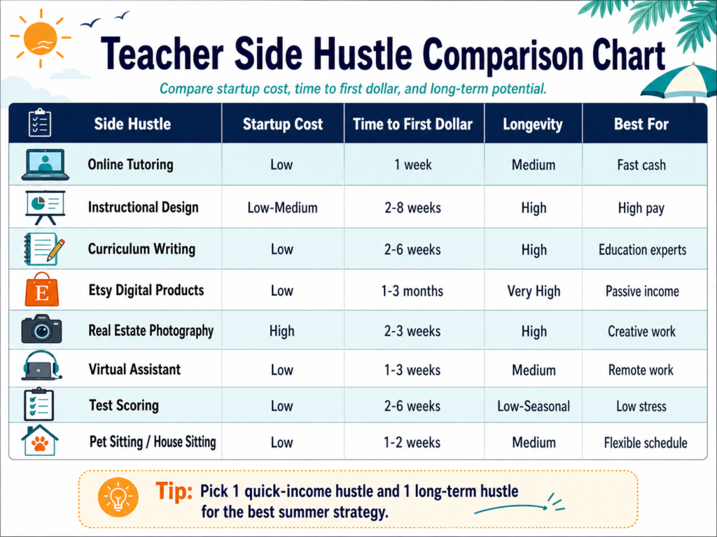Comparison chart of the best side hustles for teachers during summer break