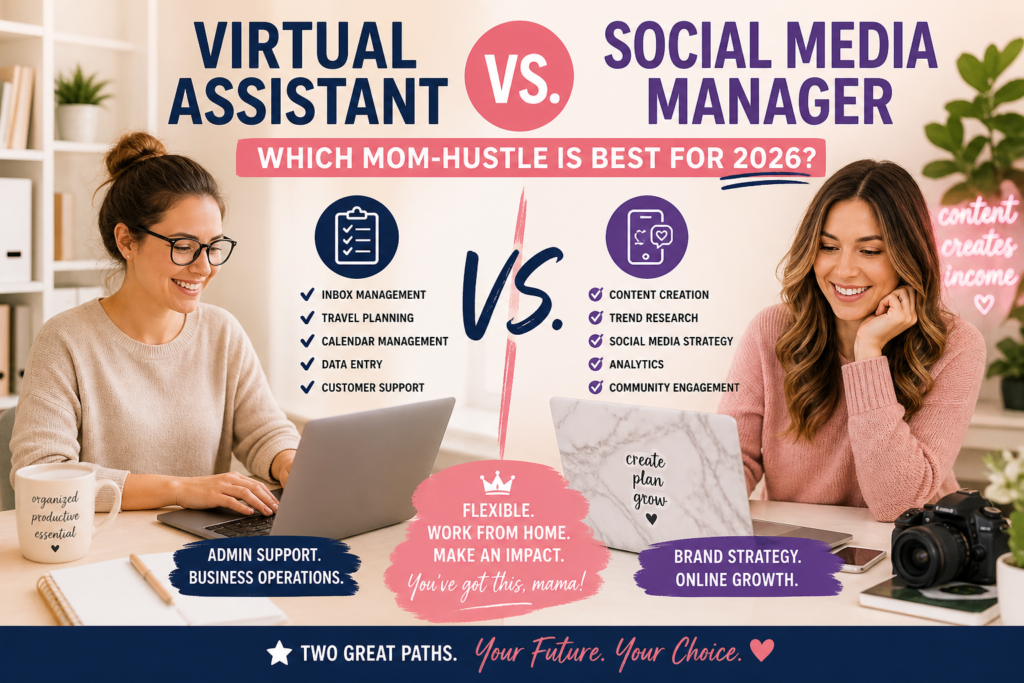 Virtual assistant vs social media manager for moms 2026 guide comparing income, flexibility, and best work from home side hustle
