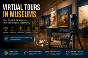Blog | Hustle Setup Virtual tours in museums business showing a 360 camera scanning museum exhibits for immersive digital walkthroughs