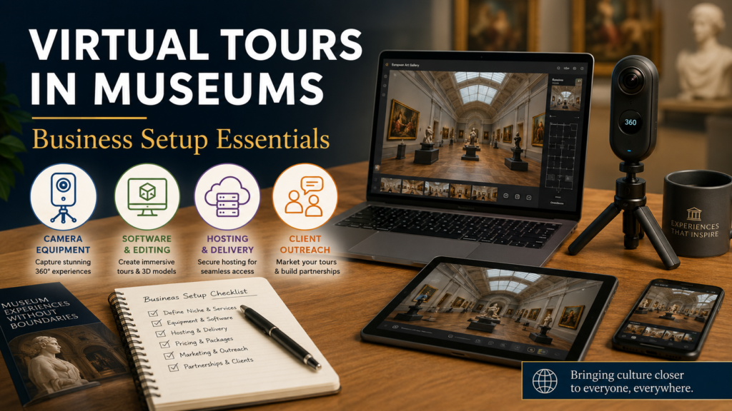 Virtual tours in museums business setup essentials with 360 camera, software, hosting, and client outreach tools