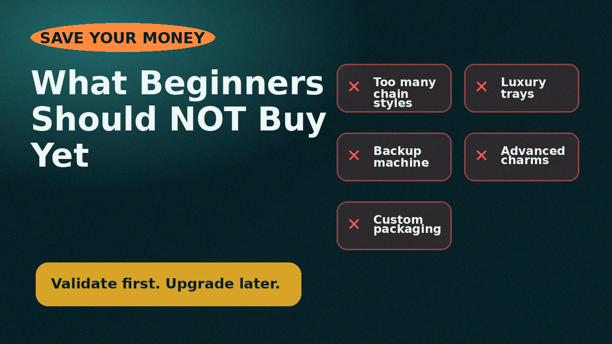 What beginners should not buy too early for a permanent jewelry welder kit including too many chain styles, luxury trays, backup machine, charms, and packaging