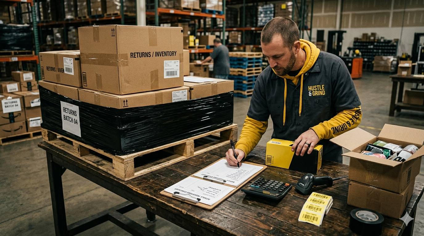 Warehouse table with Amazon return pallet boxes, product checklist, and resale calculator for beginners