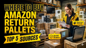 Man checking Amazon return pallets in a warehouse with liquidation boxes and resale products