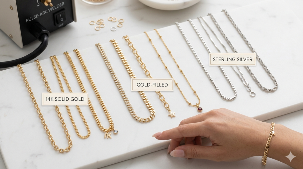 Display of 14k solid gold, gold-filled, and sterling silver permanent jewelry chains alongside a pulse-arc welder and a welded bracelet on a wrist.